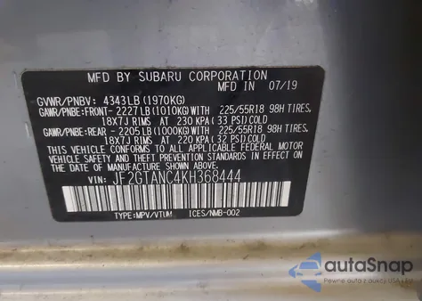 2019 Subaru Crosstrek 2.0I Limited z USA, uszkodzony, nr VIN JF2GTANC4KH368444